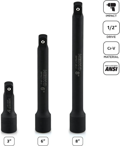 Half Inch Drive Impact Extension Bar Set With Three Extensions In 3 Inch 5 Inch And 10 Inch CRV Steel For Tough To Reach Bolts