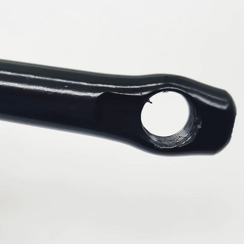 Close-up of One Piece Black Crankarm Set for Bikes, focusing on the pedal threading. Wide 165mm Crank Arms With 150mm Span.