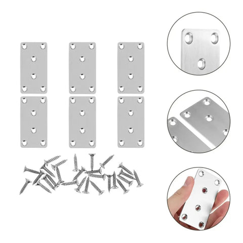 Image of Six Pack Stainless Steel Flat Mending Plates For Furniture Repair And Corner Joining with screws for easy installation.