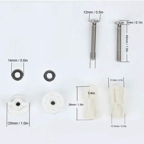 Universal Toilet Seat Bolt Replacement Kit In Stainless Steel Heavy Duty Gear components including screws, nuts, and washers for installation.
