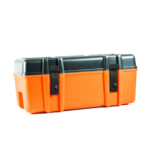 Orange storage box with Flexible Draw Latch Lock For Electrical Cabinets And Industrial Use, rubber over center latch, and concealed keeper.