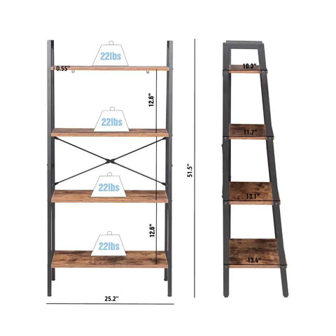 Industrial Style Four Tier Floor Bookshelf And Plant Stand With Dope Space Saving Trapezoid Design In Brown dimensions and shelves