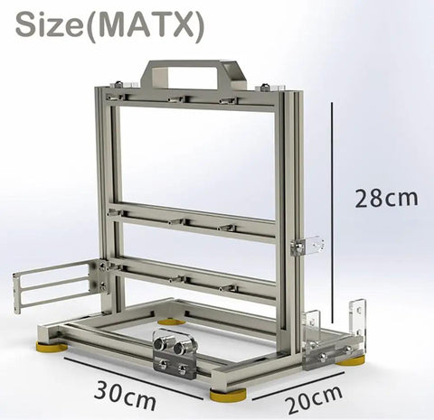 Open Frame Test Bench PC Case With Aluminum Frame Chassis For MicroATX ITX Motherboards, shown in side view with dimensions.