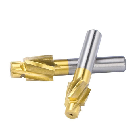 Two gold-colored HSS counterbore end mills with silver shanks for metal milling.