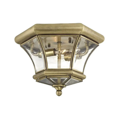 Monterey Two Light Outdoor Indoor Flush Mount in Polished Brass Finish with Clear Beveled Glass, solid brass fixture, classic style