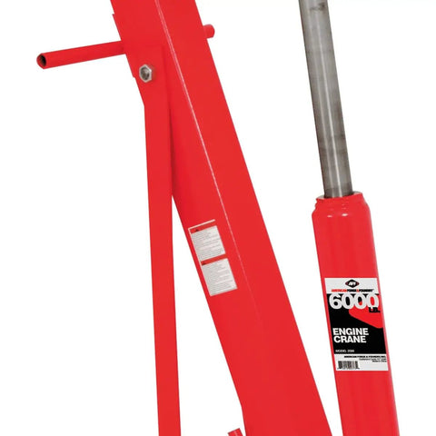 Close-up of the hydraulic arm of a Straight Up Heavy Duty 3 Ton Hydraulic Engine Hoist Cherry Picker Crane.
