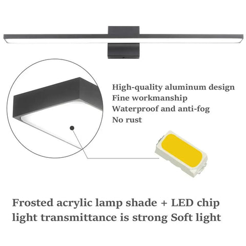 Image showing the 31.5 Inch Modern LED Vanity Light In Black Finish, 28W Aluminum Frame With Frosted Acrylic Diffuser details and features.