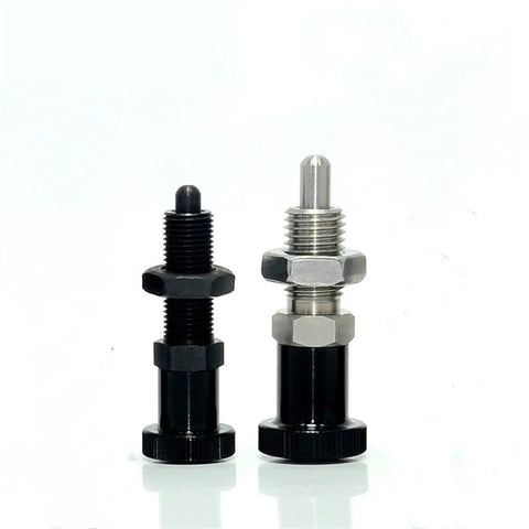 Rock Solid Index Plunger With Hex Collar And Locking Aluminum Spring Knob M16 Lock Pin, black and silver metal design, side view.