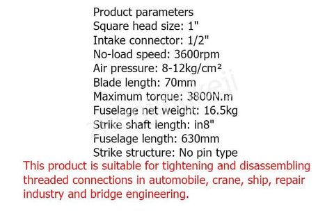Specifications for Heavy Duty Pneumatic Impact Wrench For Auto Shop And Quick Bolt Extraction With Serious Air Powered Torque crafted from solid aluminum alloy.