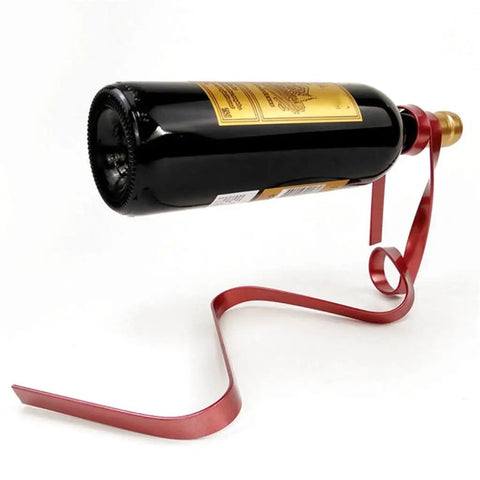 Wine Bottle Holder Rack For Cabinet And Table Decor holding a bottle, red metal design, modern rustic style for home bar display