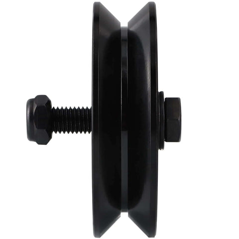 Side view of black Skelang 4-inch V-groove gate wheel with bolt and nut for inverted-V track.