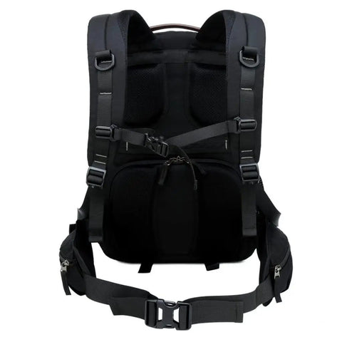Rear view of padded camera backpack with anti theft nylon build for SLR gear fits 15.6 inch laptop detachable dividers water-resistant
