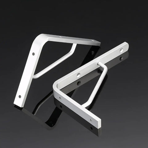 Heavy Duty Aluminum Triangle Shelf Brackets Set Of 2 with Rounded Corner Design on black background, ready for wall mounting.