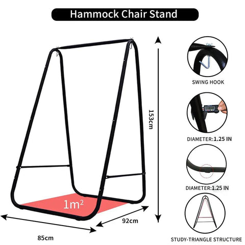 Hammock Chair Stand with iron frame, 153cm height, weather resistant, space saving design for indoor outdoor use, swing not included.