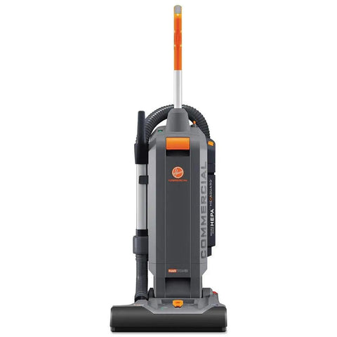Hoover Commercial Upright Vacuum Cleaner 15 Inch Bagged Model with Hexaguard HEPA filtration, front view showcasing design and features.