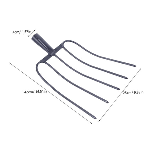 Heavy Duty Five Point Manure Fork For Garden And Farm Cleanup Handheld Tool shown with dimensions for clearing debris and manure