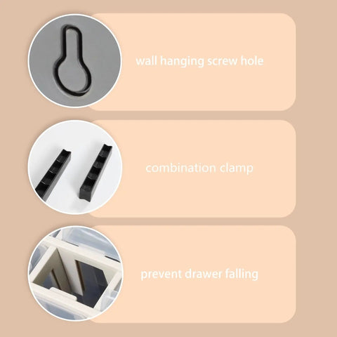 24 Drawer Plastic Parts Cabinet Organizer For Tools And Hardware showing wall hanging screw hole, combination clamp, prevent drawer falling