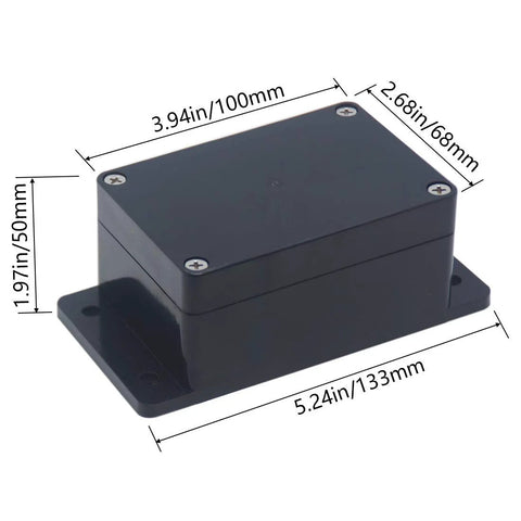 Black IP65 waterproof project box with fixed ears, dimensions 3.94 x 2.68 x 1.97 inches, ideal for outdoor electronics enclosures.