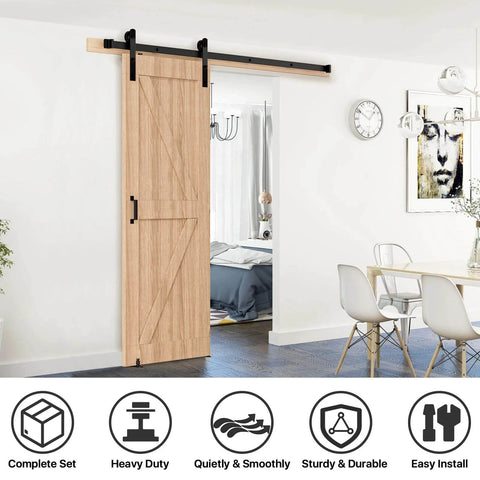 5FT Sliding Barn Door Hardware Kit Heavy Duty with I Shape Hanger installed in a dining room, showing smooth sliding on a black iron track system.