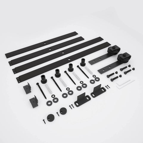 Components of 5FT Barn Door Hardware Kit with Heavy Duty Modular Sliding Track, J Shaped Carbon Steel System, Smooth Quiet Rollers