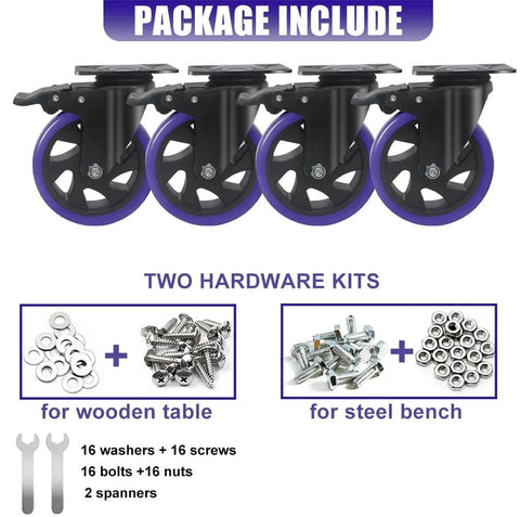 5 Inch Heavy Duty Caster Wheels Set of 4 with Brake, includes two hardware kits for wood and steel.