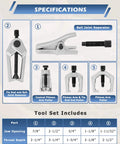 5pcs Professional Front End Service Tool Kit, showing Pitman Arm Puller, Ball Joint Separator, and Tie Rod Remover Tool with specs.