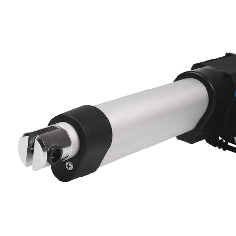Close-up of 6 Inch Stroke Electric Linear Actuator, 400 lbs Force, IP66 Water Resistance for automation, showcasing metal construction