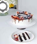 1 Pc 6 Inch Square Lazy Susan Turntable Bearing, Galvanized Steel Swivel Plate under a frosted cake on display