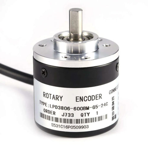 Incremental Rotary Encoder 600PPR Optical Encoder with 6mm shaft, 5-24V wide voltage, AB two-phase output for CNC robotics motion control.