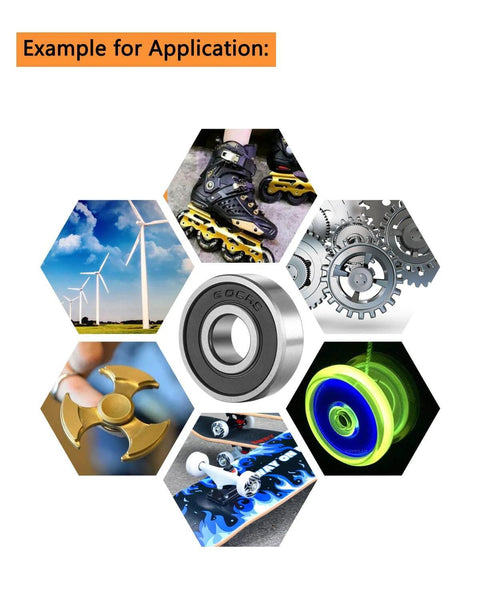 Applications of ✝️ SHKI 20 Pcs 608 2RS Ball Bearings in skateboards, spinners, and machinery; center close-up of a bearing.