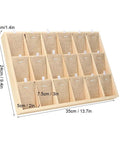 Top Shelf Solid Pine Wood Jewelry Organizer Tray With Eighteen Roomy Slots designed for keeping your dope pendants earrings and bangles neatly arranged on any desk or retail counter, showing slots.