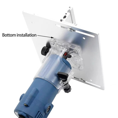 Heavy Duty Aluminum Router Table Insert Plate Gold Flip Plate For Woodworking Benches showing bottom installation with router.