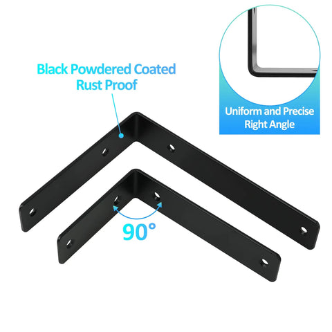 Badass Heavy Duty Black L Brackets For Floating Shelves, 4 Pack Rock Solid Wall Mount Hardware, 5 X 4 Inch Sturdy Iron Shelf Supports, 3mm Thick One Piece Metal For Heavy Loads, showing two L brackets at a 90° angle.