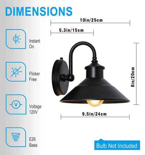 Dusk To Dawn Outdoor Barn Light Gooseneck Fixture waterproof and rust resistant, dimensions and features detailed.