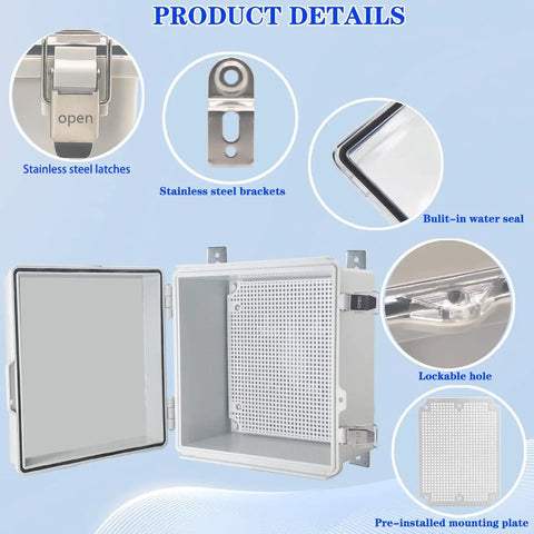 Badass IP67 Waterproof Electrical Junction Box With Secure Hinged Lid And Heavy Duty Stainless Steel Wall Brackets For Rugged Outdoor Panels 8X8X5 Inches showing stainless steel latches and built-in water seal.