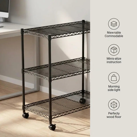 Sturdy 3 Tier Steel Wire Shelving Unit With Easy Roll Wheels And Adjustable Heights for kitchen or laundry storage.