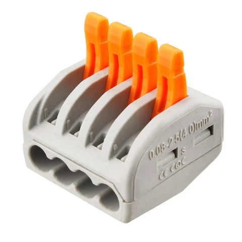 Fifty Pack Four Conductor Quick Grip Lever Wire Nuts For No Sweat Electrical Splicing 28 To 12 AWG gray connector with orange levers for easy wire splicing.