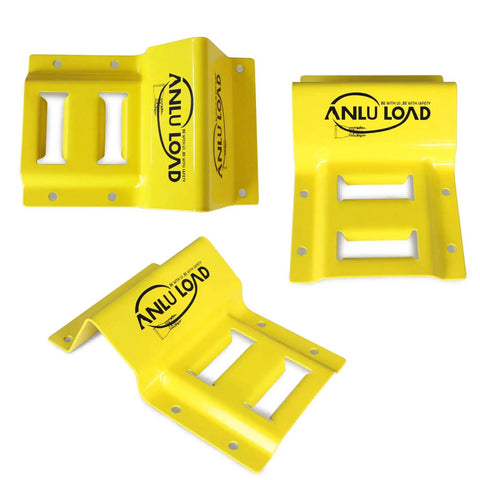 Wheel Chock Tie Down Kit For ATV UTV And Trailers, Heavy Duty E Track System with yellow powder-coated chocks.