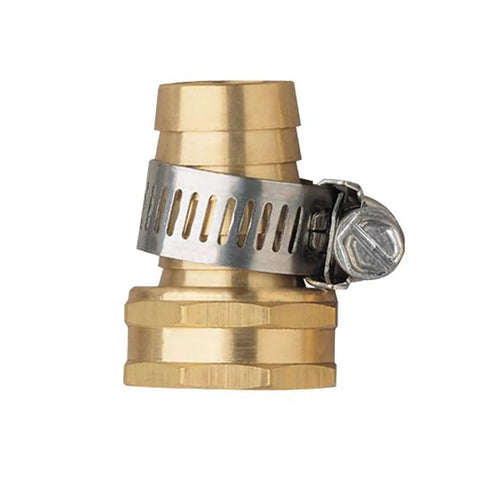 Two Pack Brass Five Eighth Inch Garden Hose Connector Kit With Male And Female Fittings And Clamps, close-up of brass connector and clamp