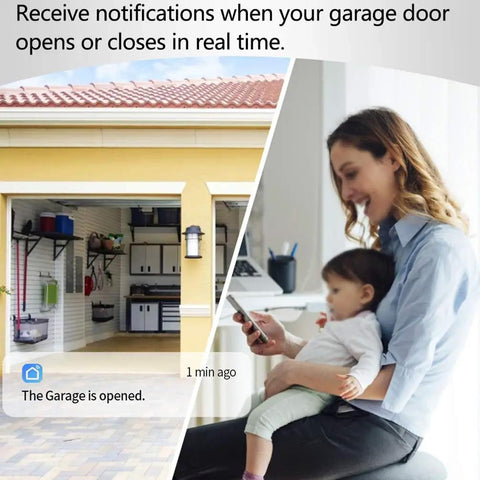 WiFi Garage Door Opener Remote With Alexa Google Assistant And Siri Open And Close From Anywhere On The Go On iPhone Or Android 2.4GHz WiFi Only No Hub Needed Easy Setup And Remote Access notification feature with woman receiving alert on smartphone