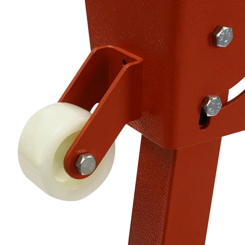 Close-up of the wheel on Heavy Duty Portable Welding Table With Folding Legs And Carry Handle Height Adjustable Steel Work Bench.