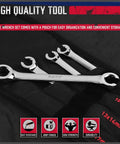 Four Piece Flare Nut Wrench Set With Offset Ends Metric Two Sizes Per Wrench, shown with pouch and rust resistance features.