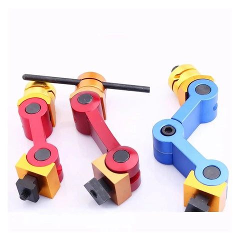 Heavy Duty Universal Adjustable CNC Mill Work Stop Positioner For Lathe And Multi Function Machining Rigs. Colorful CNC tools in red, blue, gold.