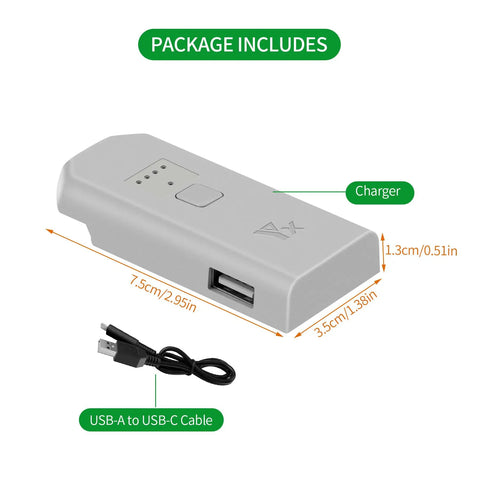 Neo Drone Battery Charger Hub Fast Charge Station with cable, showing size dimensions and USB-A to USB-C cable included.