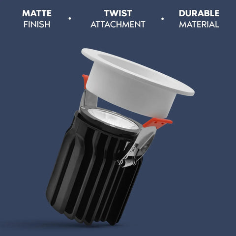 3 Inch LED Regressed Canless Spotlight With Swappable Trim Versatile 5Cct Tunable Light showing matte finish, twist attachment, and durable material.
