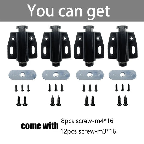 4 Pack Black Magnetic Touch Latch Set For Cabinets Doors Drawers And Closets With Push To Open Release Catch Hardware Includes Strike Plates And Mounting Screws shown with components