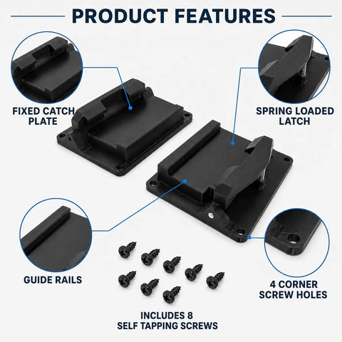 2 Pack Bottom Latch Mounts For Flex Stack Pack Toolbox Bracket Fits Wooden Work Surfaces, includes screws, guide rails, black plastic