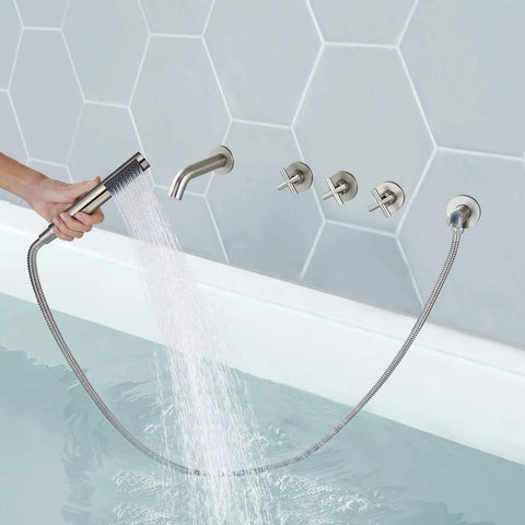 Brushed Nickel Wall Mount Tub Filler With 3 Handles Handheld Shower Waterfall Spout Valve Trim Kit High Flow Rate Tub Faucet Set in use