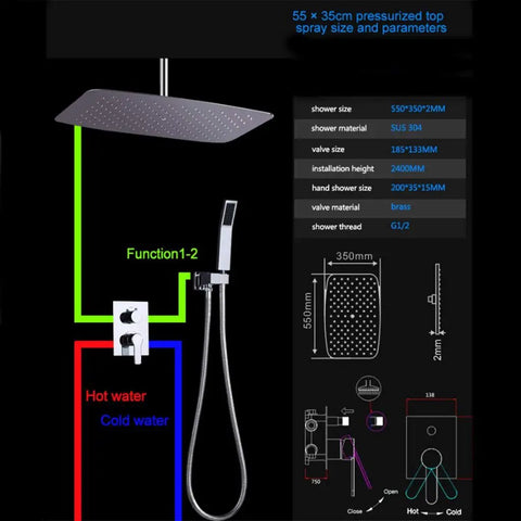 Sick 22 Inch Ceiling Mounted Rain Shower System Featuring a Large Rainfall Head and Removable Handheld Sprayer with Single Handle Hot and Cold Mixer Valve for Bathroom, diagram with dimensions and specifications.