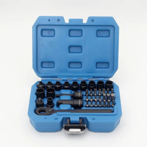 Shop Grade Metric Socket Wrench Set Featuring Smooth Bidirectional Ratchet Quick Release Mechanism And Rugged Carry Case For Auto Repair And Garage Work in blue case.